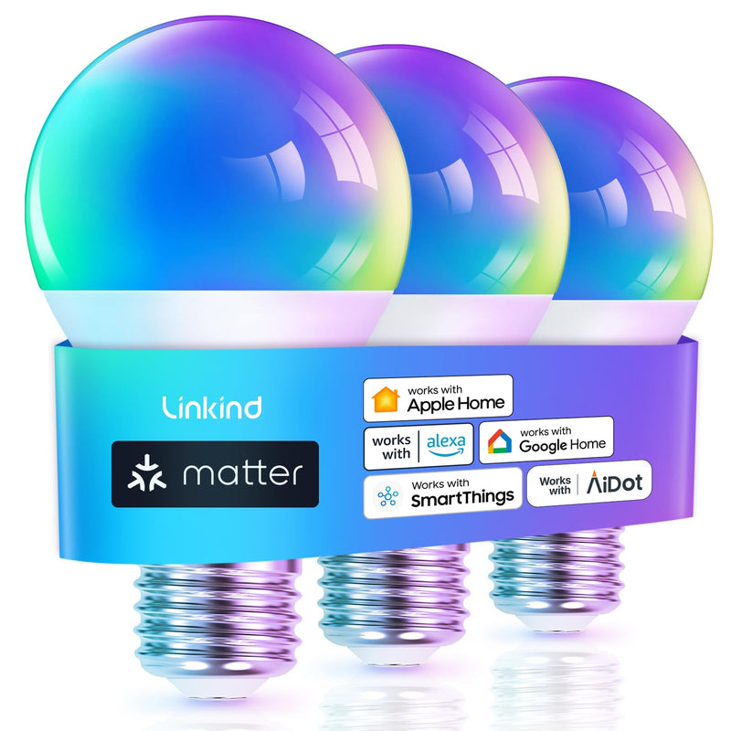 Linkind Matter Smart Light Bulb, Smart Bulbs Work with Apple Home, Siri, Alexa, Google Home, SmartThings, Color Changing Light Bulbs RGTBW Music Sync, Mood Lights, 2.4Ghz WiFi A19 E26 60W 800LM 3 Pack 3 Pack 60W