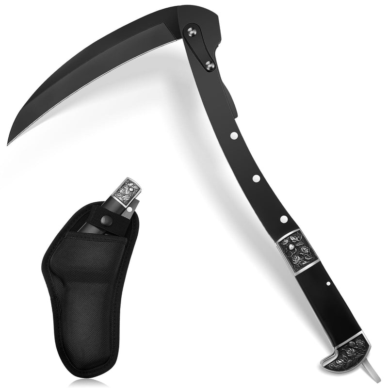 WILLBOND Black Sharp Folding Sickle Garden Tool Portable Safety Grass Hand Sickle Knife with Sheath Wooden Handle 2 Sections for Gardening Farming Lawn Grass Weeds Hand Tools