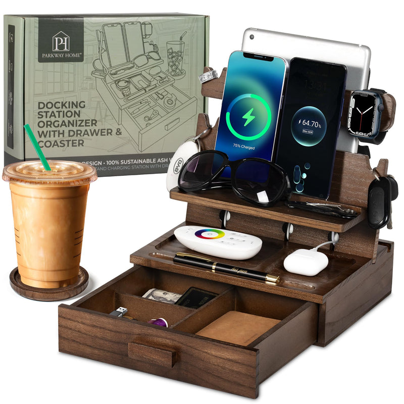 Wood Phone Docking Station for up to 3 Phones - Nightstand Organizer for Men & Women Holds Phones, Tablets, Keys, Rings, Glasses, Watches, EDC & More - with Special Drawer for Valuables Brown Ash Wood