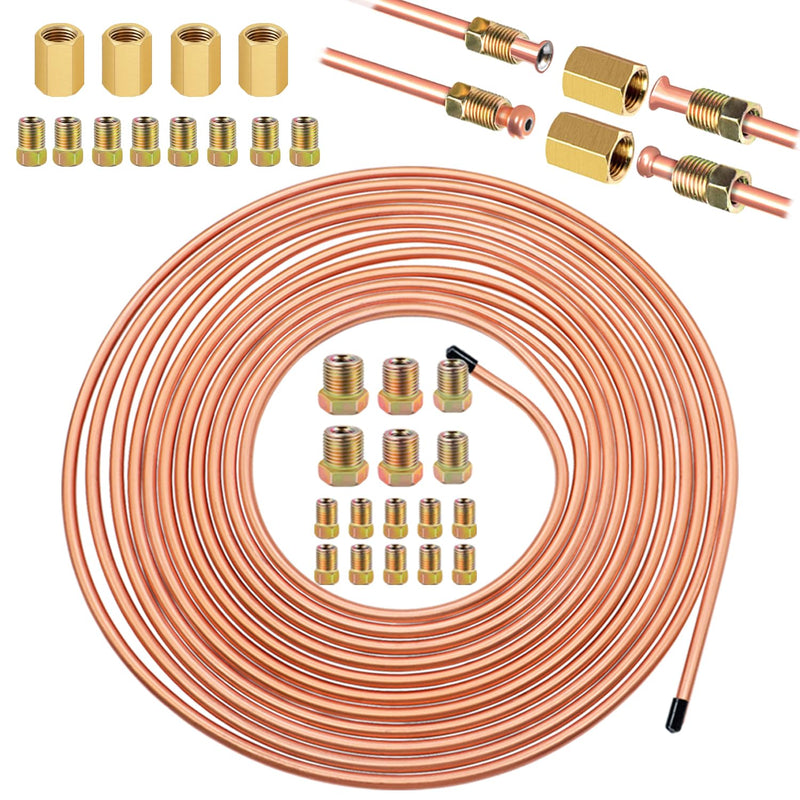 Tnisesm 3/16" 25 Ft Brake Line Tubing Kit, 3/16 Copper Coated Flexible Tube (Includes 16 Inverted Flare Fittings) 3/16"