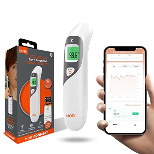 MOBI Connect Ear and Forehead Thermometer with Fever Indicating Light, Infant and Adult Mode, Smart App Integration, Batteries and Carrying Case Included