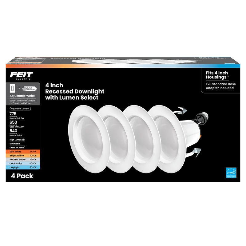 Feit Electric 4 Inch LED Recessed Downlight with Lumen Select, 75W Equivalent, Dimmable, 775 Lumens, 5CCT Selectable White 2700K–5000K, 90+ CRI, 50,000-Hour Lifetime, LEDR4HO/6WYCA/4, 4 Pack 4-Inch High Output