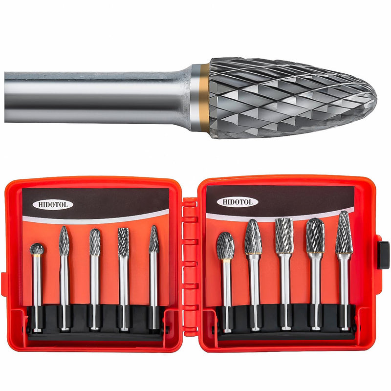 HIDOTOL Carbide Burr Set 1/4" Shank 10PC Tungsten Double Cut Carbide Rotary Burr Set for Metal and Wood Carving, Grinding, Polishing, Engraving, Drilling in Plastic Box. 10PC 1/4 shank