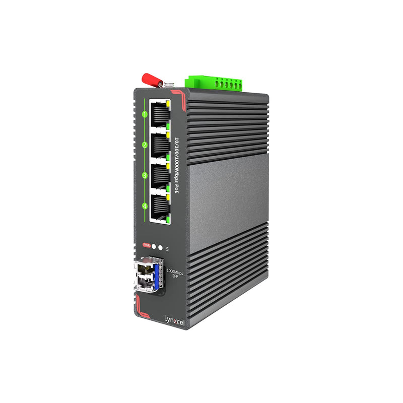 5-Port Industrial PoE Gigabit Din Rail Ethernet Switch, 4 x Gigabit PoE+ Ports, 65W PoE 48V Output, 1 x SFP Gigabit Slot with One Gigabit SFP LC Module, IP40 Unmanaged, with Power Supply 5 Port Gigabit PoE + LC Module
