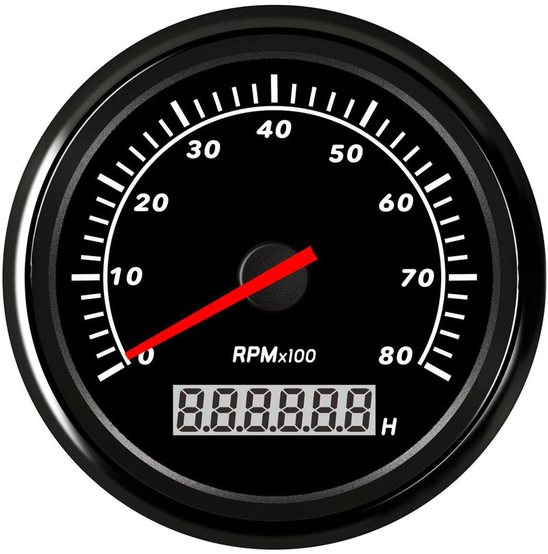 Universal Marine Tachometer Gauge Outboard Waterproof 85mm 0-8000 RPM with Red Backlight Hour Meter for Boat Car Motorcycle 12V/24V Black