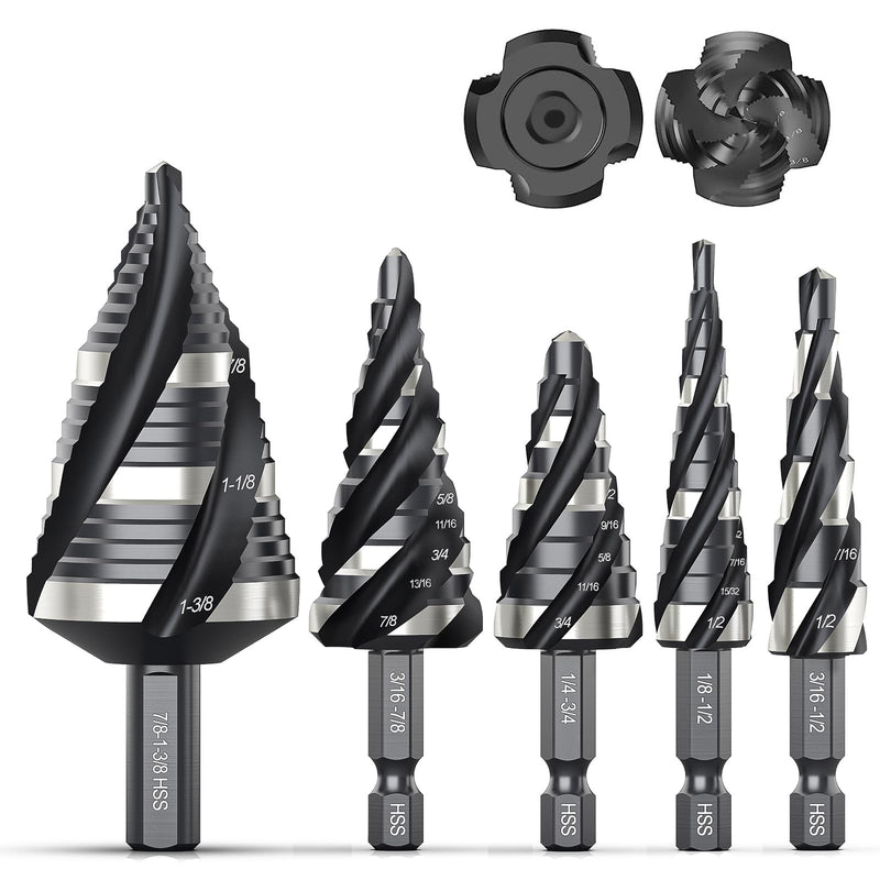 THINKWORK Four Spiral Flute Step Drill Bit Set, 5 Pcs HSS Step Drill Bits (1/8"-1-3/8") Unibit Step Drill Bit, 1/4" and 3/8" Shank Step Bits for Aluminum, Wood, Plastic, Metal 5 Piece
