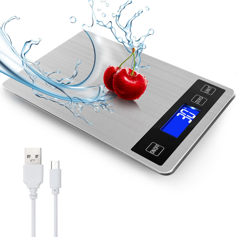 33lb Food Kitchen Digital Scale,1g/0.05oz Precise Graduation, USB Charging Kitchen Scale, Waterproof Stainless Steel with LCD Display, Ounces and Grams for Weight Loss, Cooking, Baking (Silvery) silvery
