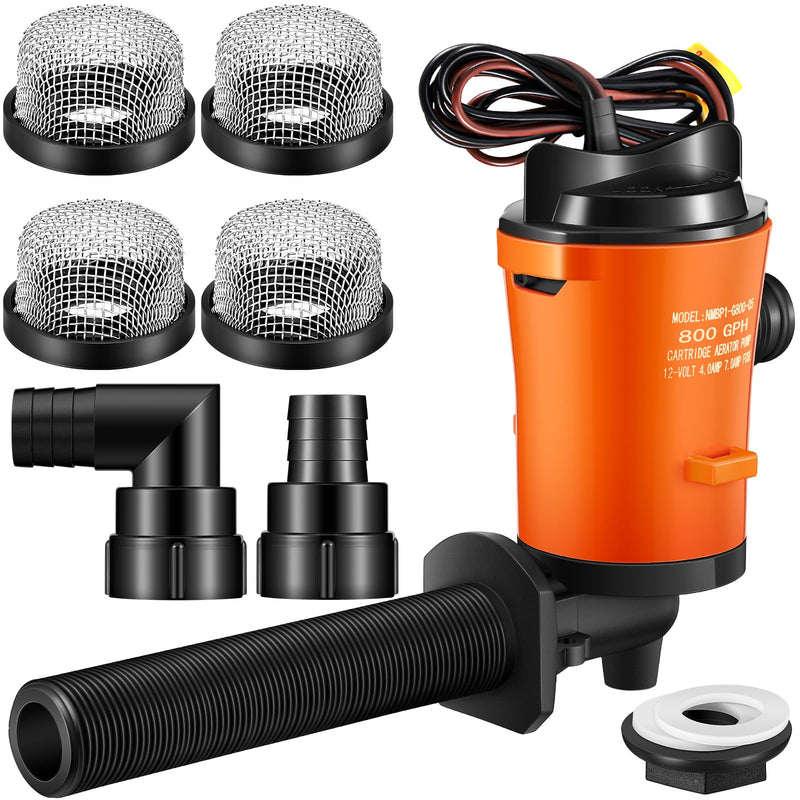 Retisee 12V 800GPH Livewell Pump Kit for Boat Aerator Pump with 4 3/4'' Stainless Steel Mesh Strainer Marine Baitwell Replacement for Fishing Tank Submersible Cartridge Aerator Boat Marine Yacht