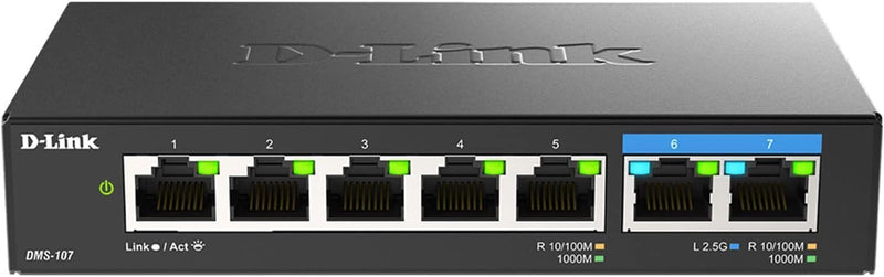 D-Link 7-Port 2.5GB Unmanaged Gaming Switch with 2 x 2.5G, 5 x 10/100/1000 Mbps - Multi-Gig, Network, Fanless, Plug & Play (DMS-107) Black 7-Port, 2 x 2.5G, 5 x 1000/100 Multi-Gig Switch
