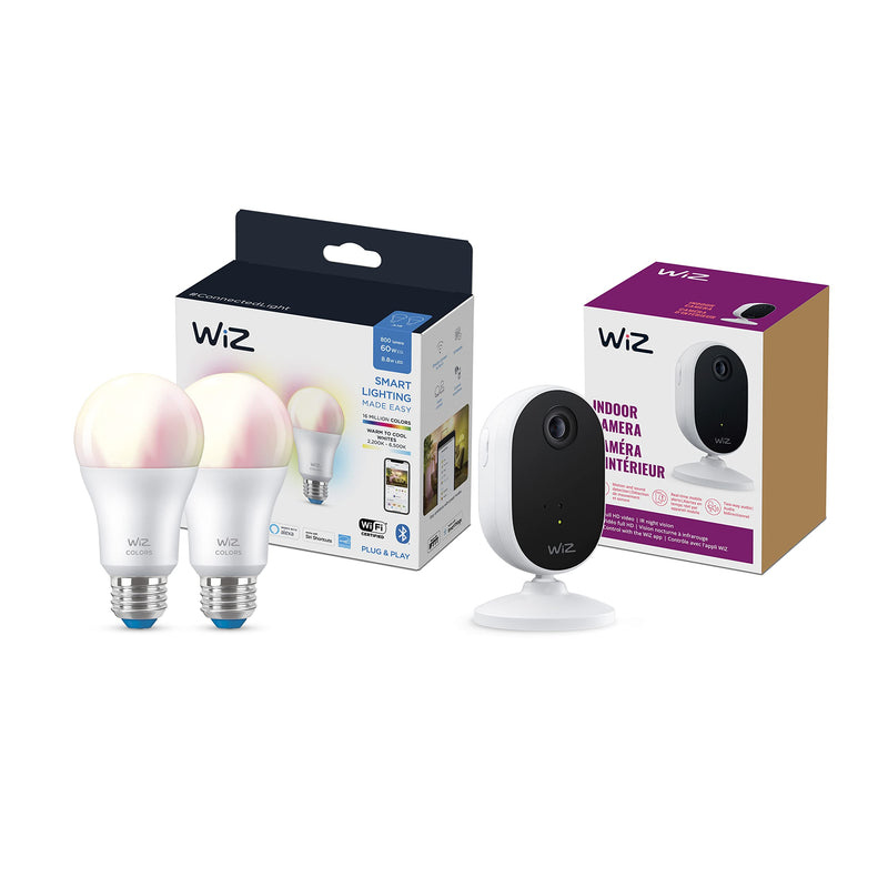 Bundle of WiZ Indoor Security Camera, 1080p HD Video with Motion Detection and Full-Duplex Audio and WiZ Connected 2-Pack Color 60W A19 Smart WiFi Light Bulb, No Hub Required