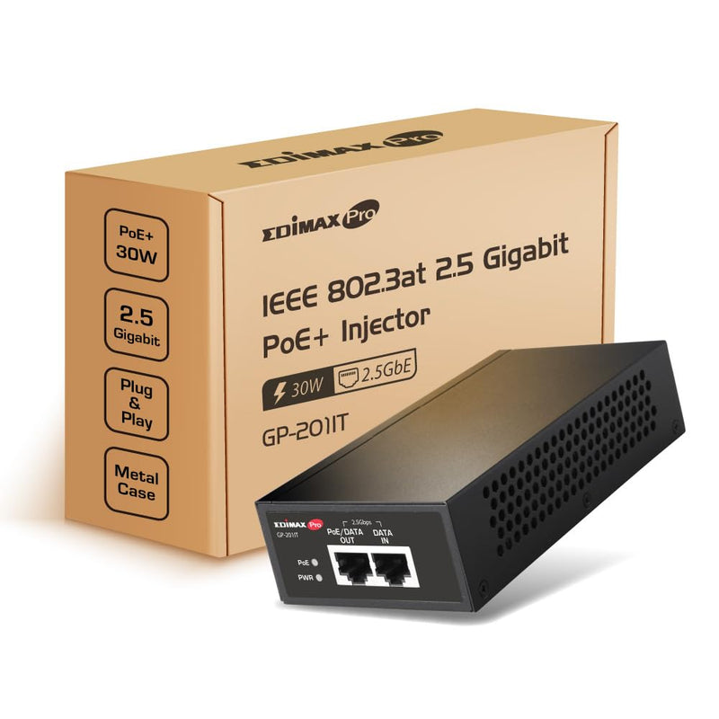 Edimax Pro Gigabit PoE+ 30W Injector Adapter, 2.5 Gbps, Adds Power to PoE Powered Device (PD) for up to 100 Meters (328ft), Powers IP Cameras, IP Phones, Digital Signage and More, GP-201IT