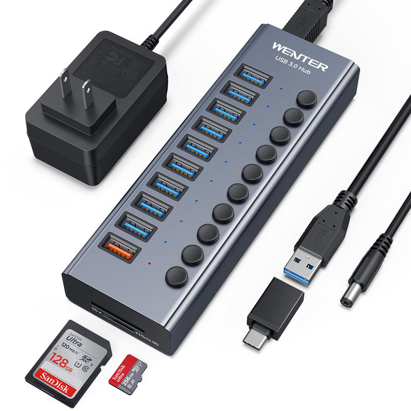 WENTER Powered USB Hub 3.0 with SD/TF Card Reader, Aluminum 10 Port Powered USB Hub (9 USB 3.0 Data Transfer Port & 1 USB Fast Charging Port Hub) USB 3.0 Hub for PC, Laptop Aluminum 9+1 Powered USB Hub
