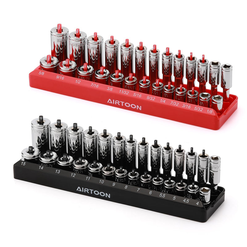 AIRTOON 1/4-Inch Drive Socket Organizer Trays, 2-Piece SAE and Metric Socket Tray Set, Deep and Standard Socket Holders Organizers for Toolbox, Black & Red 1/4-Inch Drive SAE and METRIC
