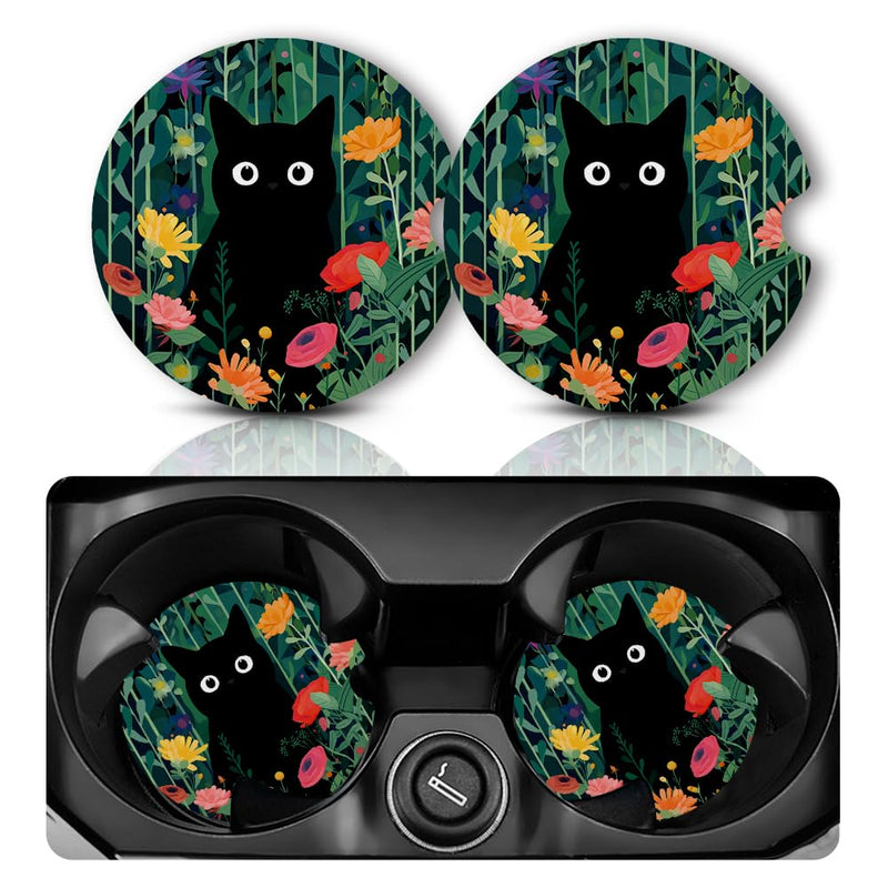 Car Coasters for Cup Holders，2.75" Anti Slip Rubber Mat with A Finger Notch, 2 Pack Car Cup Holder Coasters for Car Interior Accessories for Women Men Flower Balck Cat