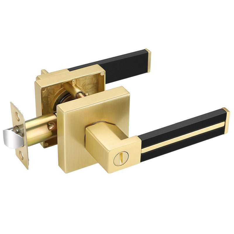 Gold Door Handle 1 Pcs, Privacy Door Levers with Black Leather Handle, Brass Interior Bedroom Bathroom Door Knob, Heavy Duty Privacy Bed/Bath Door Lockset, Reversible for Right/Left-Handed Door 1 Pack Privacy Door Handle - No Key