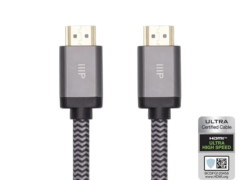 Monoprice 8K Certified Braided Ultra High Speed HDMI 2.1 Cable - 8K@60Hz, 48Gbps, CL2 Rated, 24AWG, 25 Feet, Black Electronic Cable