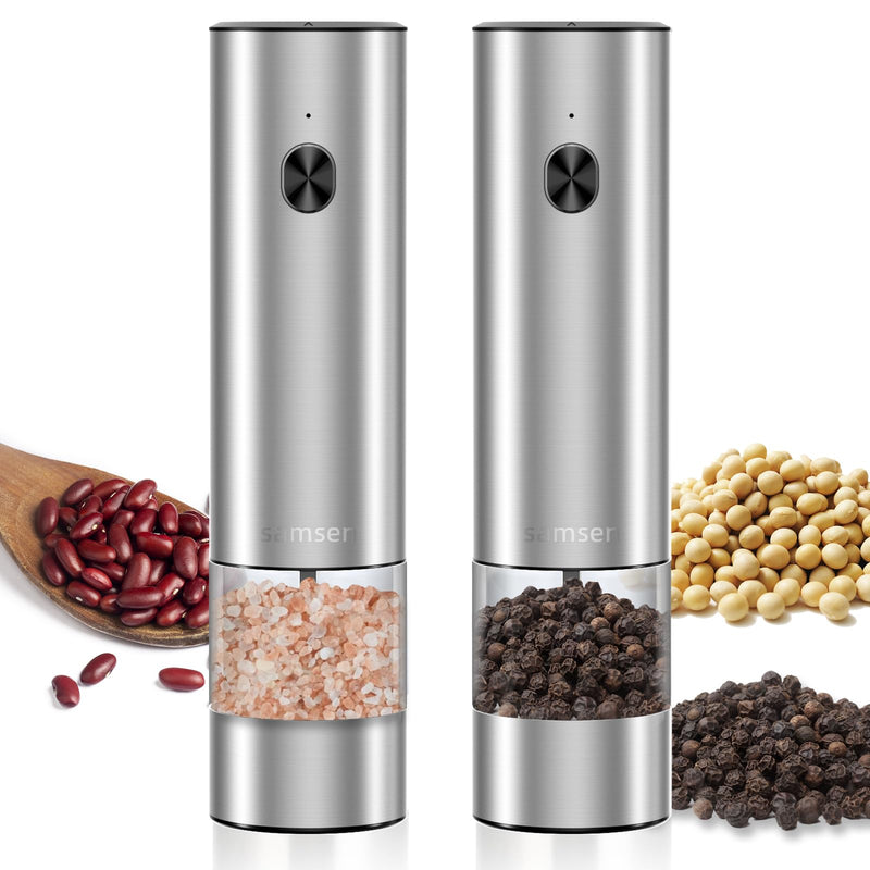 Stainless Steel Electric Pepper Grinder & Salt Mill Set - Battery Operated One-Hand Operation Adjustable Coarseness LED Light Transparent Container Easy Refill & Clean Push-Button Switch (2 Pack) Silver + two grinders