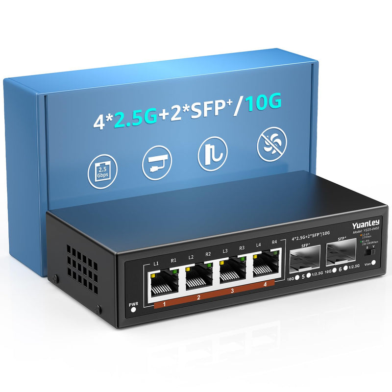 6 Port 2.5G Unmanaged Ethernet Switch, 4 x 2.5G Base-T Ports, 2 x 10G SFP, Compatible with 100/1000/2500Mbps, VLAN, Fanless, Desktop/Wall Mount YuanLey 2.5Gbe Network Switch for Wireless AP, NAS, PC 6 Port | 4x2.5G +2x10G SFP