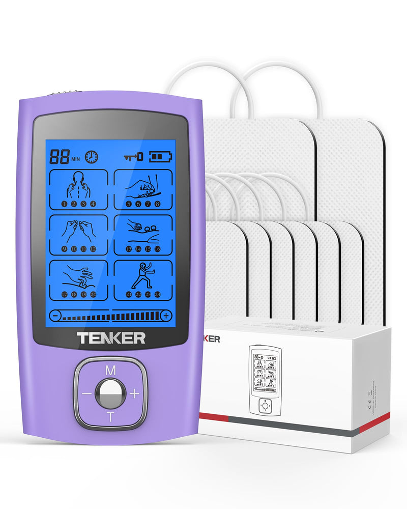TENKER TENS Unit Muscle Stimulator, 24 Modes TENS EMS Machine for Shoulder, Sciatica, Back Pain Relief, Rechargeable Electronic Pulse Massager with 2"x2" and 2"x4" Electrode Pads A-purple