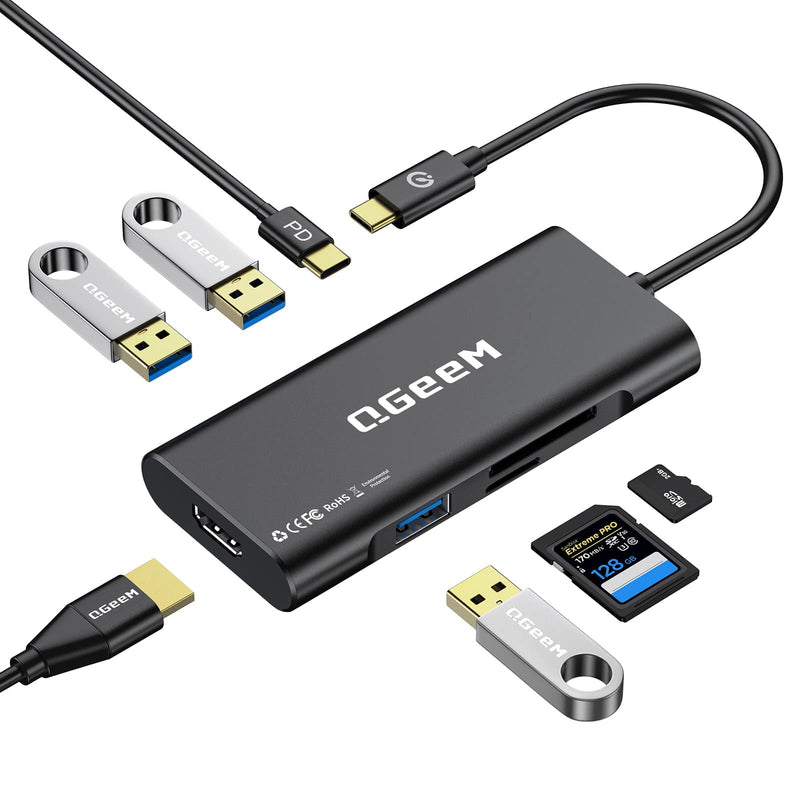 QGeeM USB-C 7-in-1 Dongle with 100W PD, 3x USB 3.0, SD/TF Card Reader, Compatible with MacBook, iPad, Dell XPS & More - Black