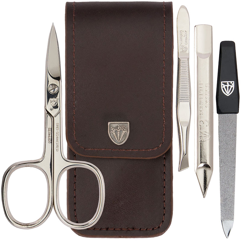 3 Swords Germany - brand quality 3 piece manicure pedicure grooming kit set for professional finger & toe nail care scissors tool genuine leather case in gift box, Made in Solingen Germany BROWN