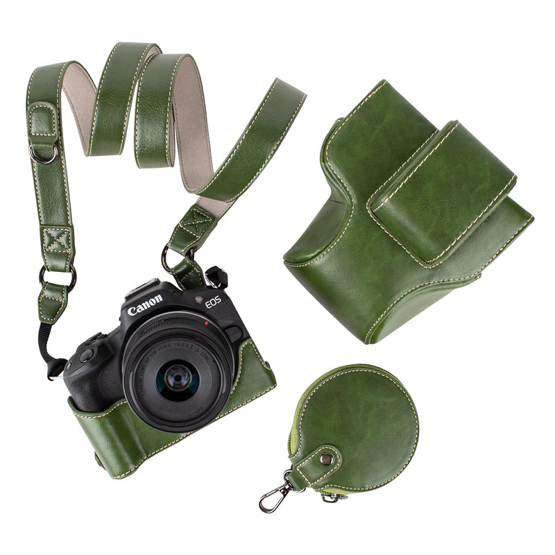 MUZIRI KINOKOO Protective Case for Canon EOS R50/R100 Camera and 18-45mm Lens, PU Leather EOSR50 R100 Camera Bag Including Half Case, Flip Cover, Shoulder Strap and Storage Pocket - Green