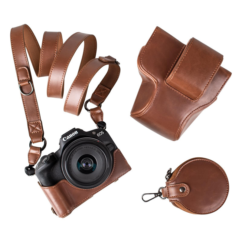 MUZIRI KINOKOO Protective Case for Canon EOS R50/R100 Camera and 18-45mm Lens, PU Leather EOSR50 R100 Camera Bag Including Half Case, Flip Cover, Shoulder Strap and Storage Pocket - Coffee