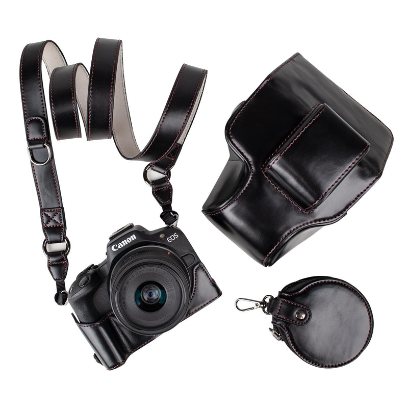 MUZIRI KINOKOO Protective Case for Canon EOS R50/R100 Camera and 18-45mm Lens, PU Leather EOSR50 R100 Camera Bag Including Half Case, Flip Cover, Shoulder Strap and Storage Pocket - Black