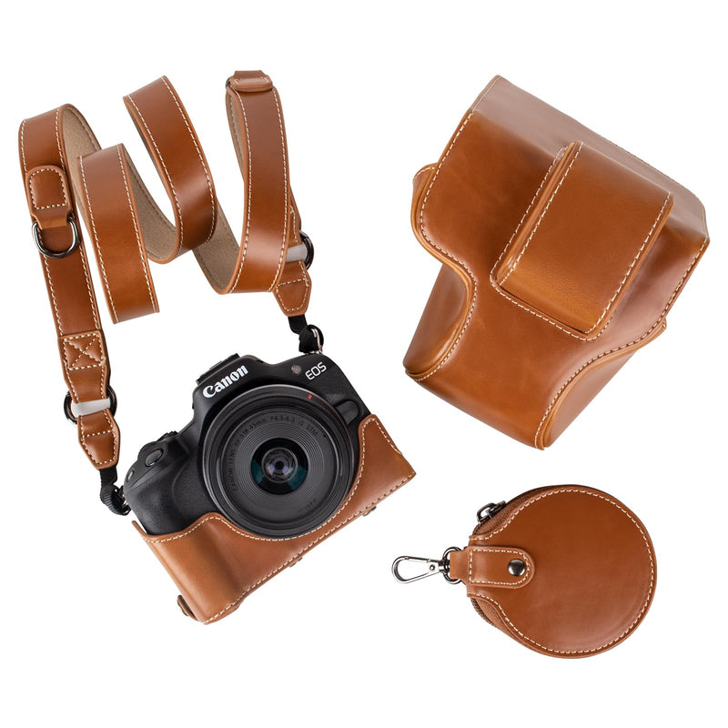 MUZIRI KINOKOO Protective Case for Canon EOS R50/R100 Camera and 18-45mm Lens, PU Leather EOSR50 R100 Camera Bag Including Half Case, Flip Cover, Shoulder Strap and Storage Pocket - Brown