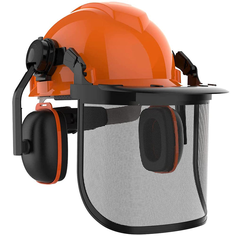 GardenPal Industrial Forestry Safety Helmet and Hearing Protection System, with Mesh Face Protection, Safety Helmet with Ear Muffs, Chainsaw Helmet, Chainsaw Face Shield, (Orange)