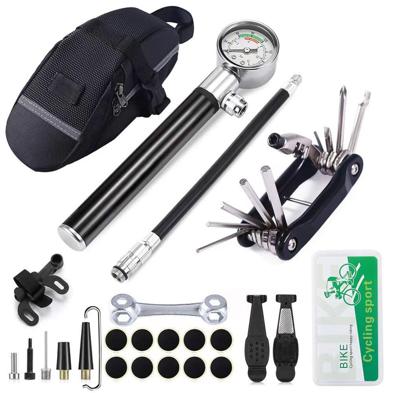 YBEKI Bike Tire Repair Kit with 210PSI Mini Pump & 10-in-1 Multi-Tool | Includes Chain Breaker, Glueless Patches, Tire Levers & Portable Bag | for Road, Mountain & BMX Bicycles Black