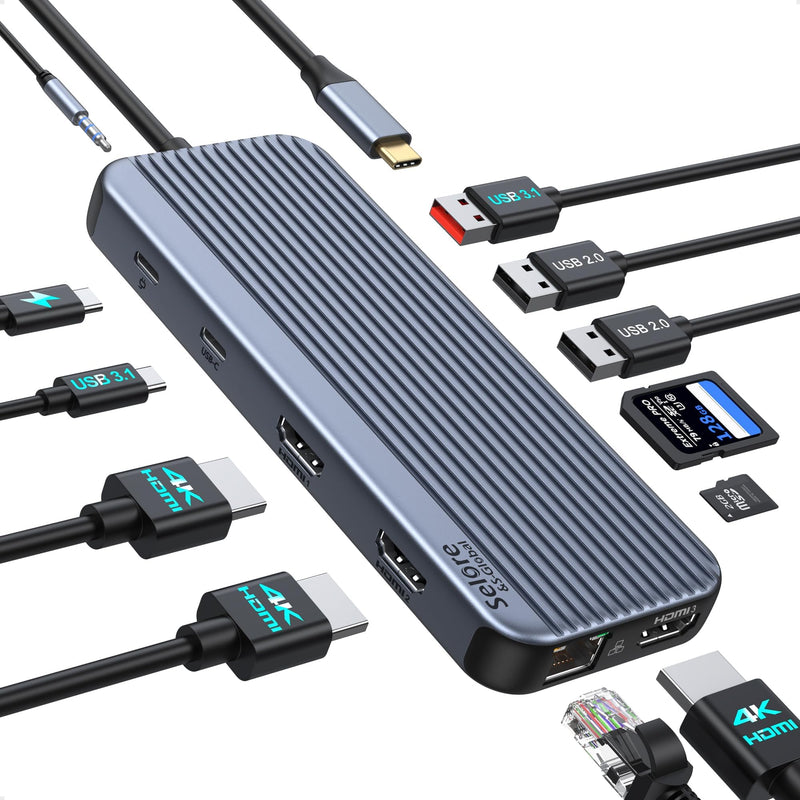 USB C Docking Station 3 HDMI Selore Laptop Docking Station 3 Monitors | Triple HDMI,10Gbps USB A/C 3.1,USB 2.0,100W PD Charging, Gigabit Ethernet, Audio Mic,SD/microSD Card Slot,for Windows Laptops 12-in-1 3 HDMI