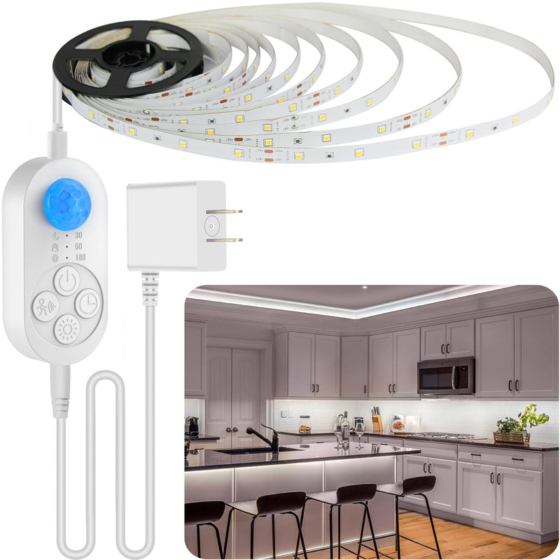 Motion Sensor Under Cabinet Light, Plug-in Under Cabinet Lighting with Dimmer, Delay Timer for Kitchen Cabinet, Pantry, Laundry, Bedroom, Stairway 2 Pack 16.4FT Light Strip COLD WHITE 6000K