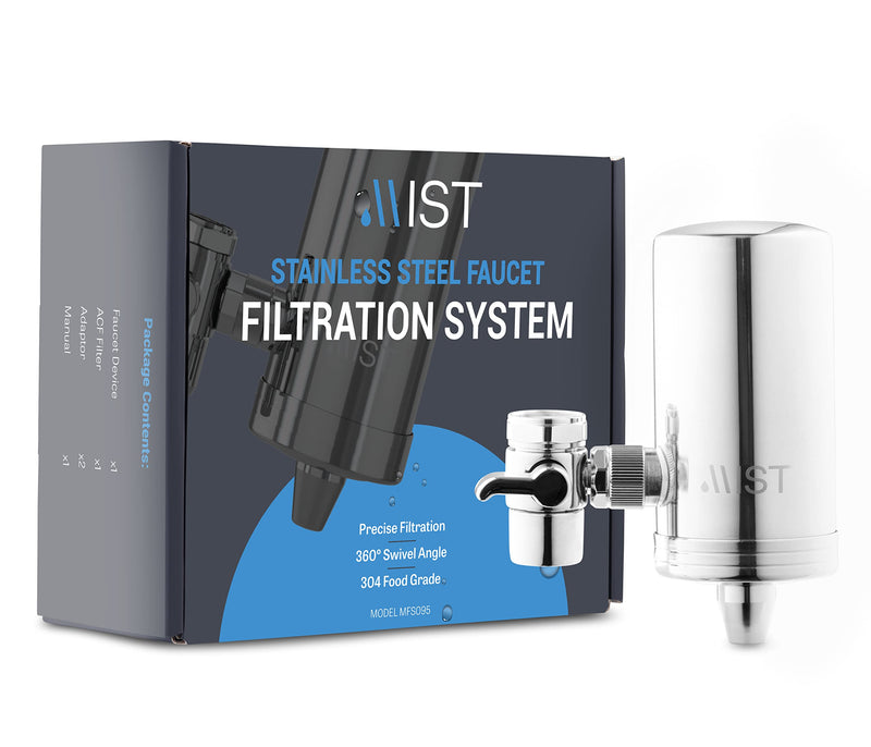 Mist- Water Filter for Sink, Faucet Filter, Stainless Steel, 320 GL Capacity, Reduces Heavy Metal, NSF Certified Faucet Water Filter, Connects to Standard Faucets, Mount Tap Filter