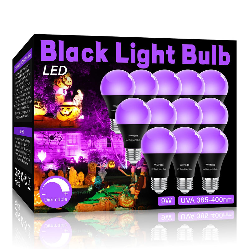 LED Black Light Bulbs 12 Pack, A19 9W UV Black Light Replace Up to 100W, 120V E26 Base UVA Level 385-400nm, Glow in The Dark for Body Pain, Blacklights Party, Halloween