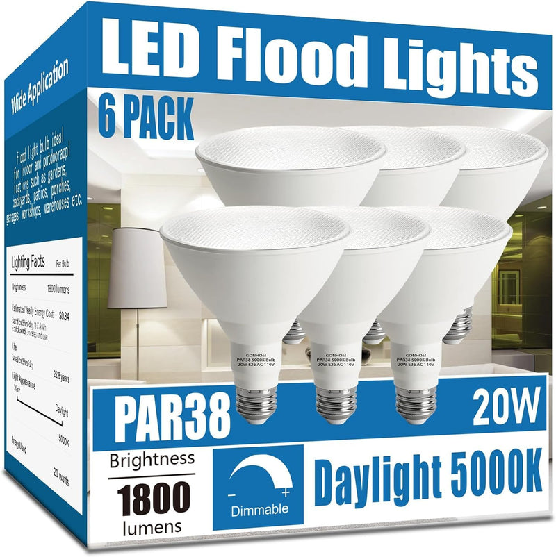Gonhom Par38 led Flood Lights Outdoor Light Bulb,Dimmable 1800LM,20W Replace up to 200W,Outdoor Flood Light Bulbs for Backyard,Garage,Porch,Garden,6 Pack 5000K Daylight 6 Pack