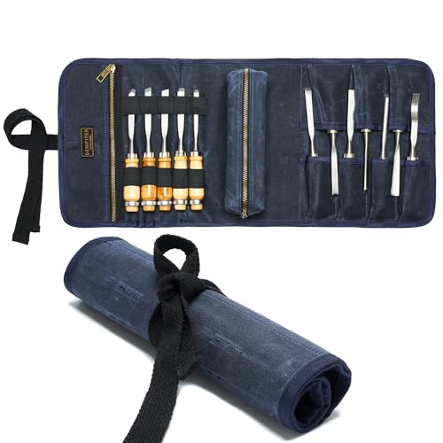 Wrench/Tool Roll (7 Slots), Waxed Canvas Roll Up Bag with 1 Small Detachable Tool pouch and 1 Zipper Pockets, Multi-Purpose Wrench Roll Organizer with 2 Wrap Straps Blue