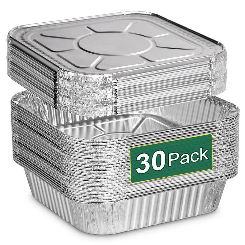 8x8 Aluminum Pans with Lids - 30 Pack Disposable Baking Square Aluminum Foil Pans with Covers - Tin Foil Pans for Air Fryer, Oven, Cooking 30PCS + Lids