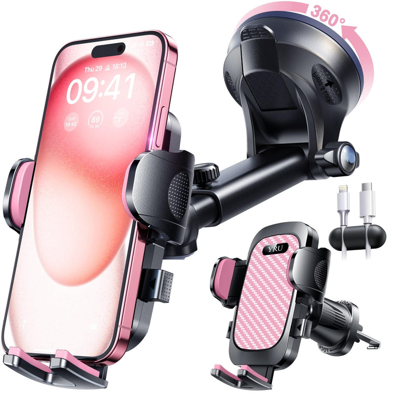 YRU True Military-Grade [360° Rotation Suction] 2025 Ultimate Car Phone Holder Mount 【90+LBS Safest Strongest & Patent Certs】 Dashboard Windshield Vent for iPhone 17 16 Pro Max Samsung, Pale Pink