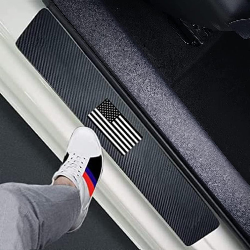 Set of 4 American Flag Carbon Fiber Car Door Sill Protectors - Decorative Entry Guard Scratch Pad Film for Auto, Truck, SUV Front/Rear Doors (Black White American Flag) Black White American Flag