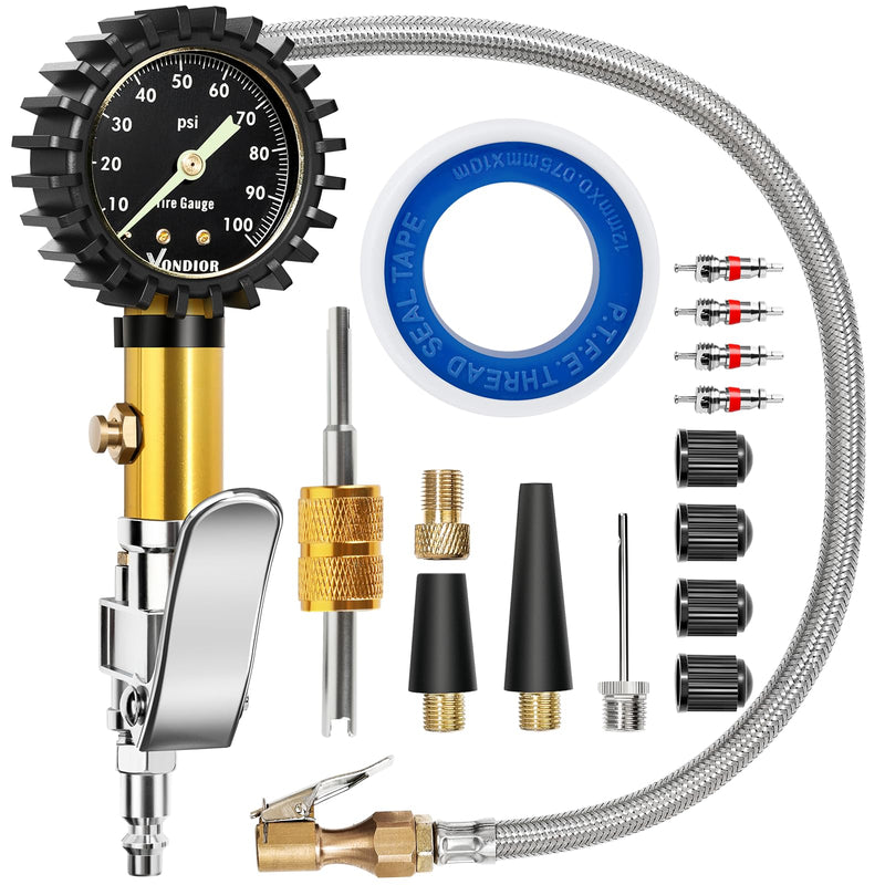 Vondior Tire Inflator with Pressure Gauge(0-100 PSI) - ANSI B40.1 Accurate, Large 2" Glow Dial, Premium Braided Hose, Durable Rubber Hose, Perfect for Any Car, Truck, Motorcycle, RV Analog 0-100 PSI