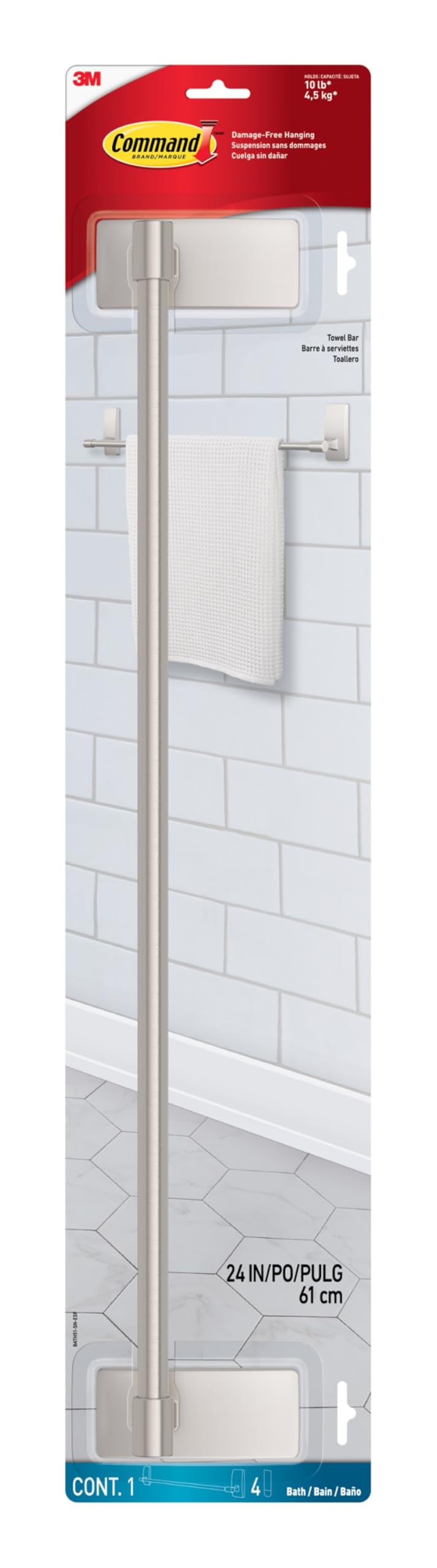 Command Bath Satin Nickel Towel Bar with Water Resistant Command Strips, Bathroom Organizer, 24 in Bar Length Holds up to 10 lbs