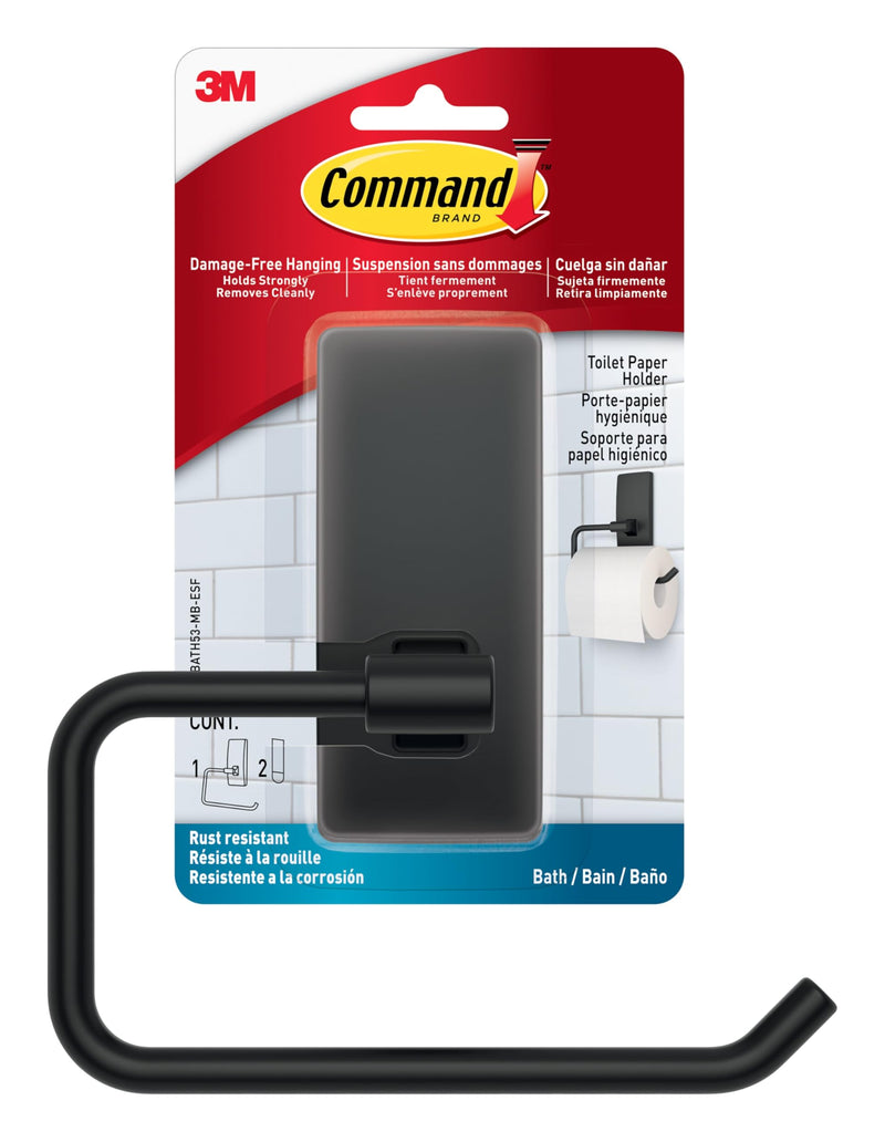 Command Toilet Paper Holder Matte Black with Water Resistant Command Strips, Rust Resistant Bathroom Organizer Large