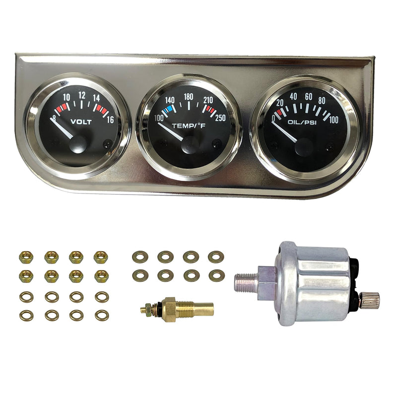 Chrome 3 in1 Triple Auto Gauge Meter Kit 52mm (8-16V Volt Meter +100-250℉ Water Temperature Gauge+ 0-100 psi Oil Pressure Meter) with Black Console for 12V Cars Multicolored