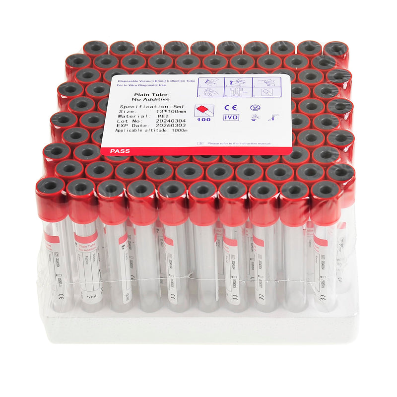 Veterinary Lab Vacuum Blood Collection Coagulation Tubes No Additive Tube Blood Collection Tube Pet Supplies, 5ml Red 100pcs 5 ML 100