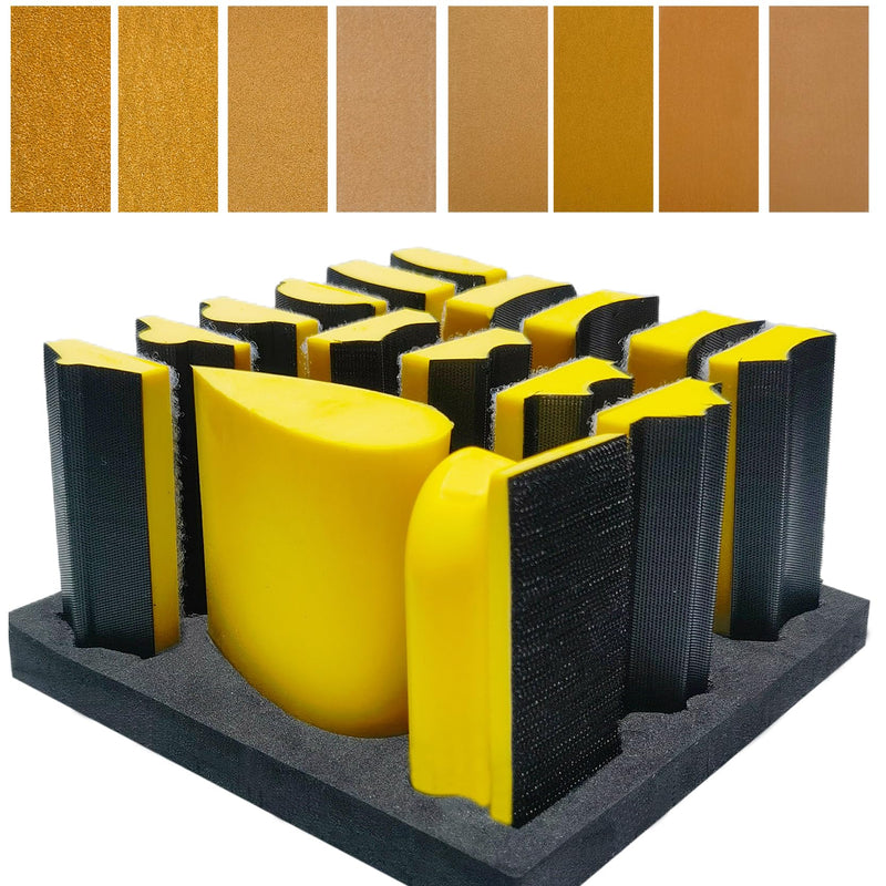 Total 56 PCS Hand Sanding Block Set- 16 PCS Contoured Profile Sander Block + 40 Sheet Sandpaper Kit - Interchangeable Assorted Convex & Concave Shapes for Moldings,Woodworking, Auto Paint and Crafts