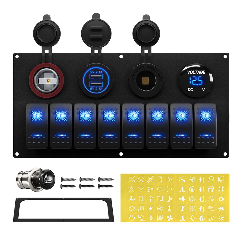 RVBOATPAT Marine Boat Switch Panel Waterproof 8 Gang 12V Rocker Switch Panel 12 Volt Toggle Switch Panel Blue LED Lighted for Automotive Car Truck 8 Gang Switch Panel