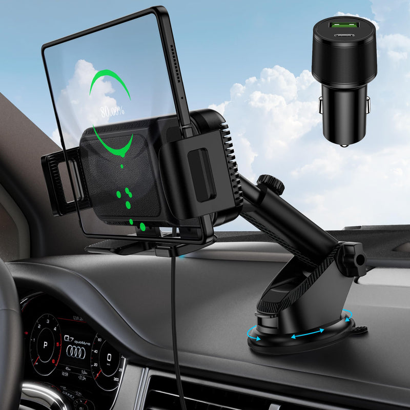 Wireless Car Charger Mount, 15W Dual Coil Rotatable Car Phone Holder Wireless Charger for Samsung Galaxy Z Fold 7/6/5/4/3/2, Z Flip, S25/S24/S23/S22 Series and iPhone, Car Charger Included