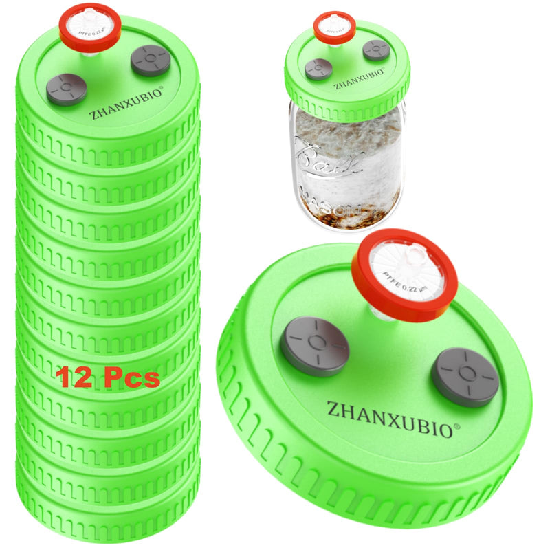 Mushroom Jar Liquid Culture Lid Wide Mouth Rejular Mouth Food Grade Plastic Mason Jar Lid with PTFE Membrane & Self Healing Injection Ports For Mushroom By ZHANXUBIO (12Pcs-Green) 12Pcs-Green