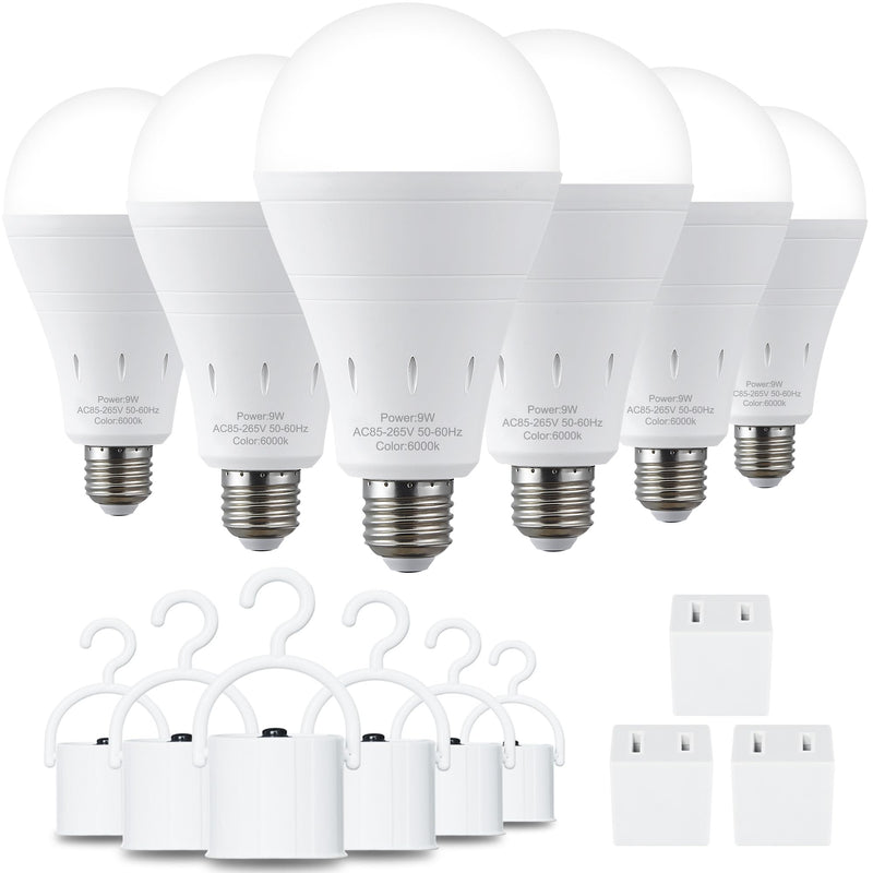 DEBAOBULB 6 Pack Rechargeable Emergency Light Bulbs, Battery Powered LED Light Bulb 6000K Daylight E26 120 Volt 9W 60W Equivalent with 1200mAh for Home Power Outage Camping Hurricane 6 Packs